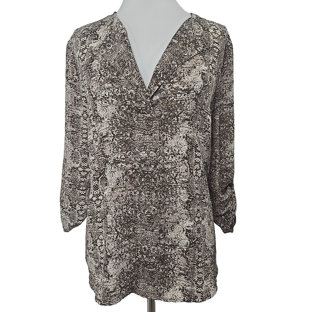 DR2 Brown Reptile Snake Pattern Chiffon 3/4 Tab Sleeve Blouse Large L